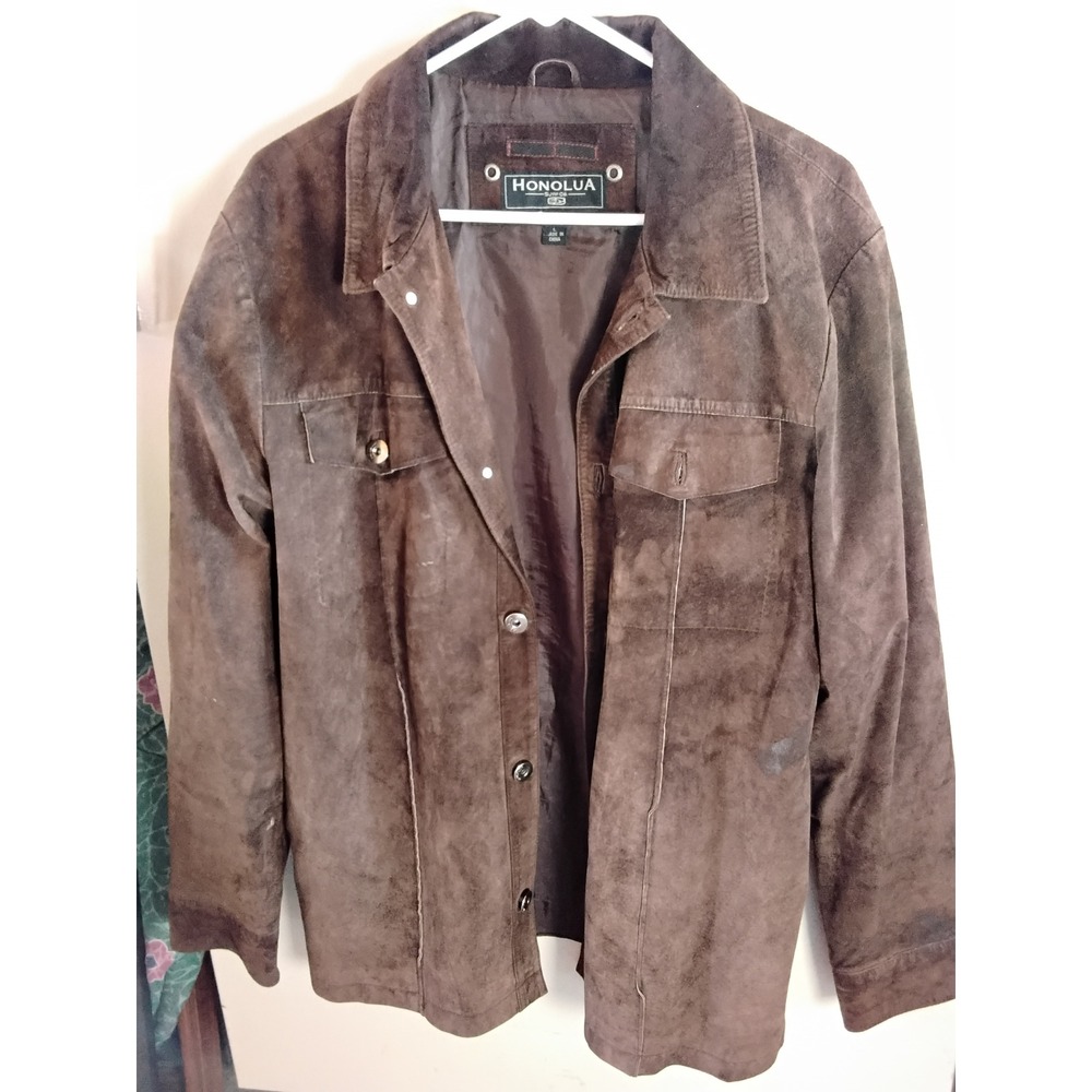Honolua Surf Co Mens Brown Suede Leather Jacket Button Front Size Large Surfwear